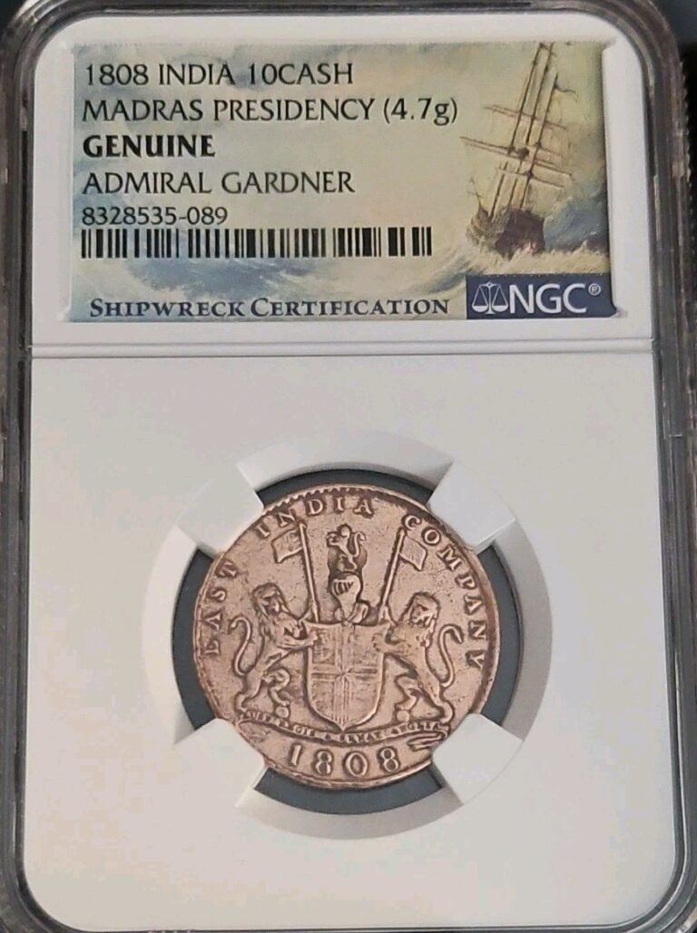 Read more about the article 🔥 1808 India 10 Cash Madras Presidency Genuine Admiral Gardner 🔥Shipwreck Coin