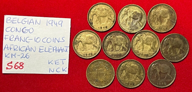 Read more about the article S68 Belgian Congo Lot of 10 Coins – Franc 1949  African Elephant   KM#26