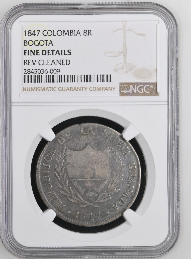 Read more about the article COLOMBIA NUEVA GRANADA BOGOTA 8 REALES SILVER CROWN 1847 NGC FINE DETAILS