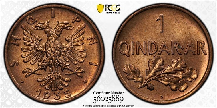 Read more about the article 1935-R Albania 1 Qindar Ar PCGS MS66RB Lot#G091 Top Graded! Gem BU! KM#14