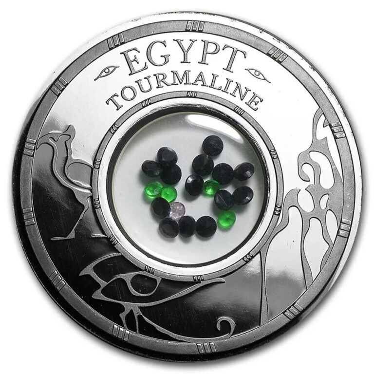 Read more about the article Benin 1 oz TOURMALINE EGYPT 1500 Francs Silver coin 2016 Proof Africa stones