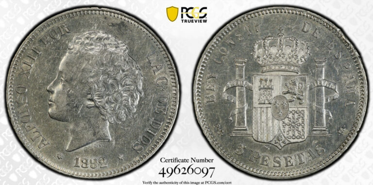 Read more about the article 1892 Spain 5 Pesetas “Child’s Head” [PCGS AU53]