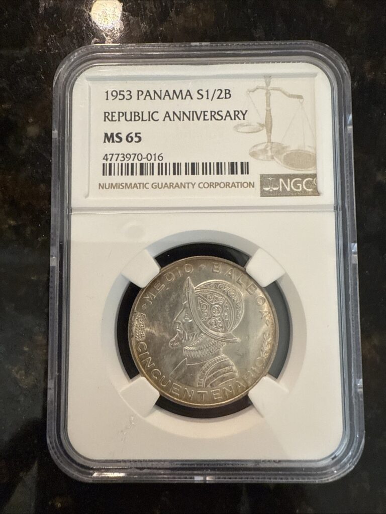 Read more about the article 1953 PANAMA SILVER 1/2 BALBOA REPUBLIC ANNIVERSARY NGC MS 65 NICE GEM BU