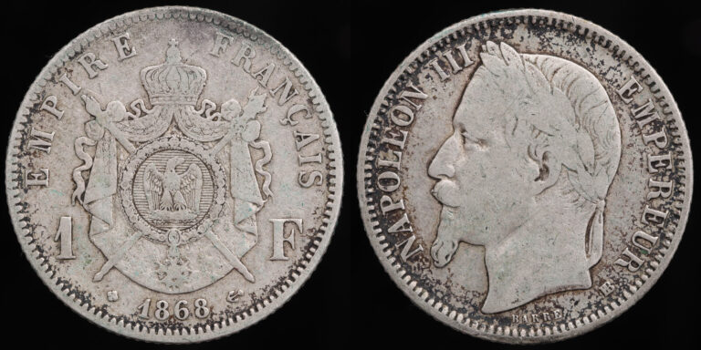 Read more about the article 1868 bb France 1 franc coin