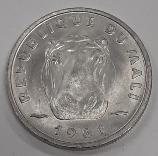 Read more about the article 1961 Mali 5 Francs Maliens Aluminum Coin  Hippopotamus  UNC
