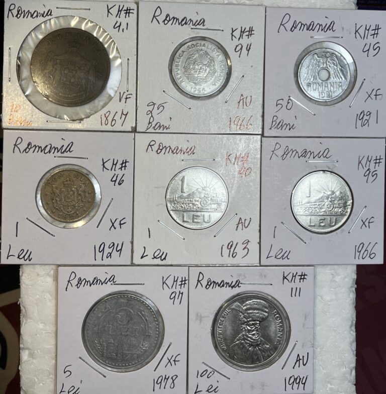 Read more about the article 1867 – 1994 Romania 10 Bani to 100 Lei Very Fine VF – AU Condition 8 Coin Lot