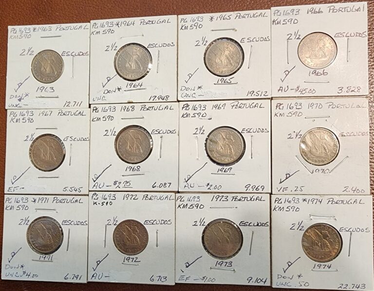 Read more about the article LOT OF 12 ASSORTED PORTUGAL TWO AND HALF ESCUDOS COINS 1963-1974