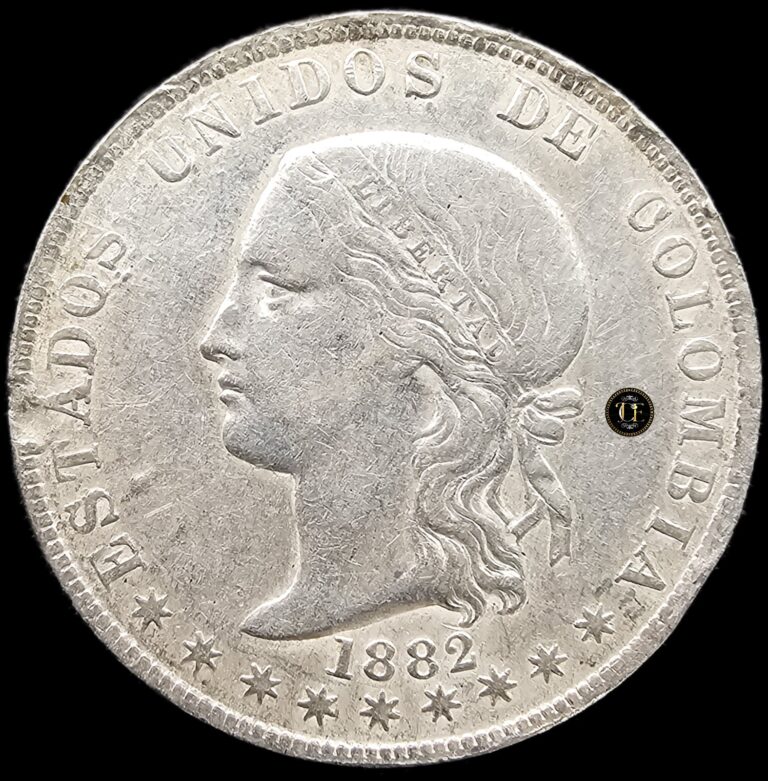 Read more about the article 1882 – 50 Centavos Colombia Silver  Coin  7-pointed Variety  ¡¡RARE and SCARCE!!