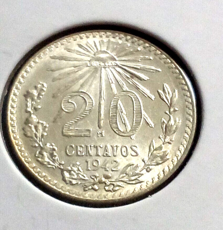 Read more about the article Bu 1942*Beautiful Mexico 20 Centavos .720 Fine Silver Coin “Cap and Rays”