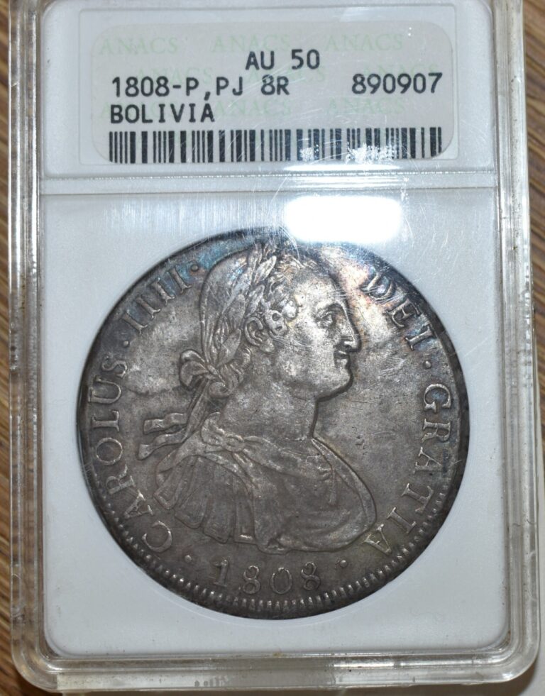 Read more about the article 1808 PTS PJ Bolivia 8 Reales Silver Coin ANACS Soapbox AU-50 Charles IV