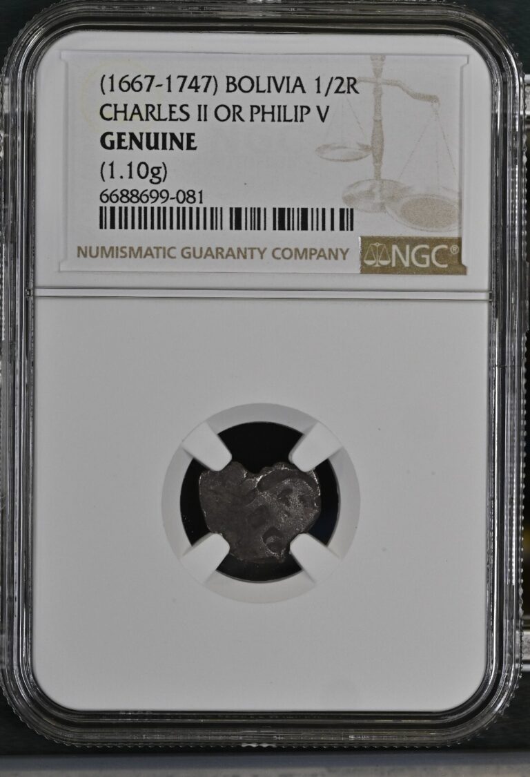 Read more about the article 1667-1747 Bolivia 1/2 Real Charles II or Philip V NGC Graded Genuine 1.10g