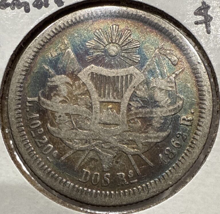Read more about the article 1862 2 Reales Guatemala 2R Silver Coin – Rainbow Toning