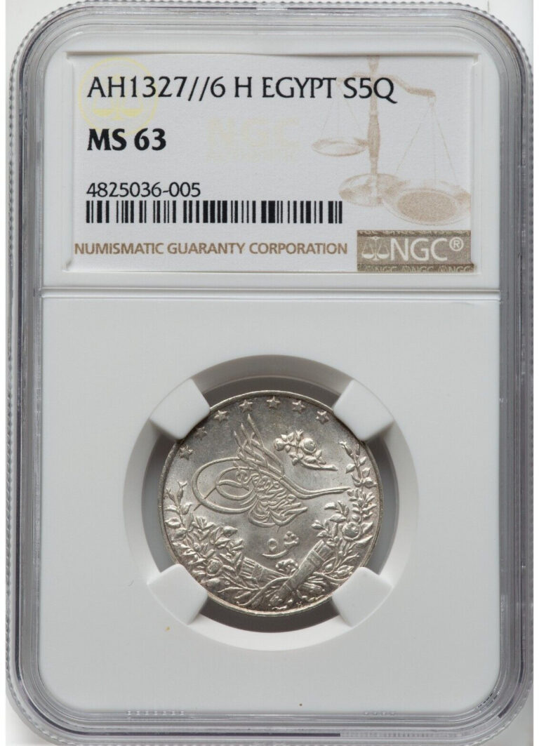Read more about the article Ottoman Mehmed V 5 Qirsh AH 1327 Year 6 (1913/1914)-H MS63 NGC Cairo Mint