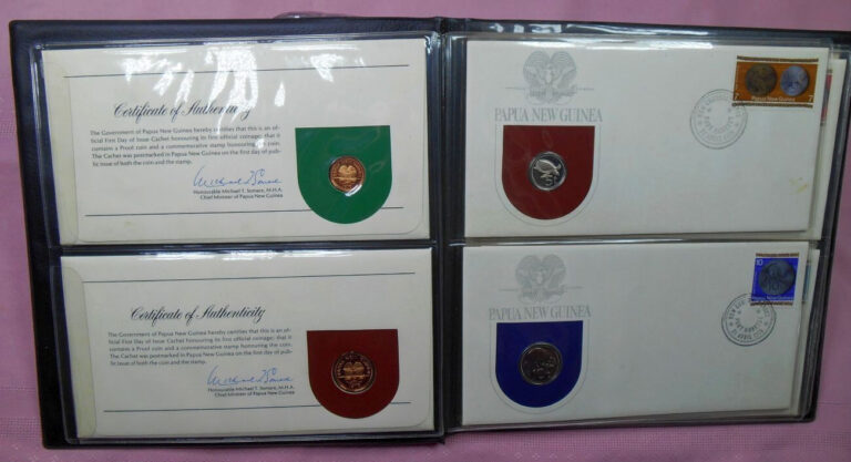 Read more about the article 1975 Papua New Guinea Proof Coin Set on FDCs PNCs. with 2 Silver Coins. 1.68 ASW
