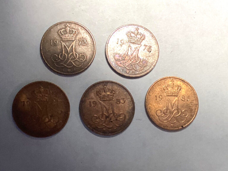Read more about the article Lot of 5 Denmark 5 Ore Coins 1973  76  81  83  85 Free Shipping