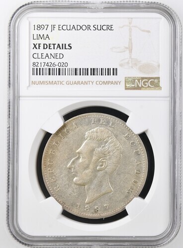 Read more about the article ECUADOR  1 SUCRE 1897   LIMA  KM # 53.3  NGC XF DETAILS