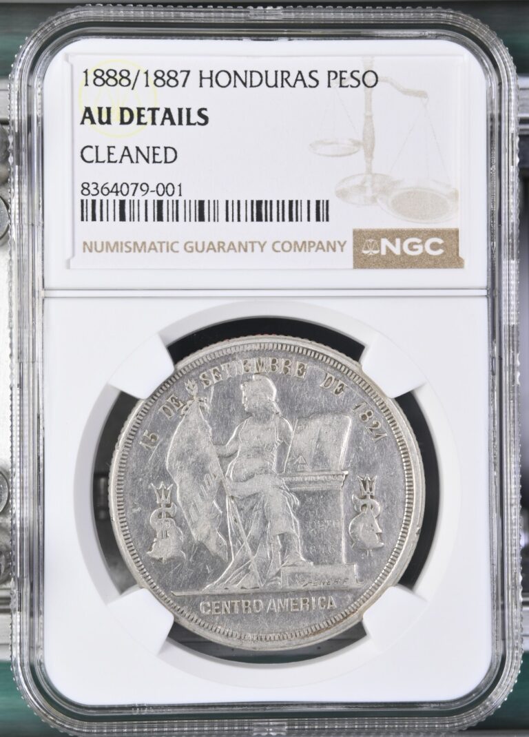 Read more about the article 1888/7 NGC AU Details Honduras 1 Peso Standing Liberty Overdate Coin