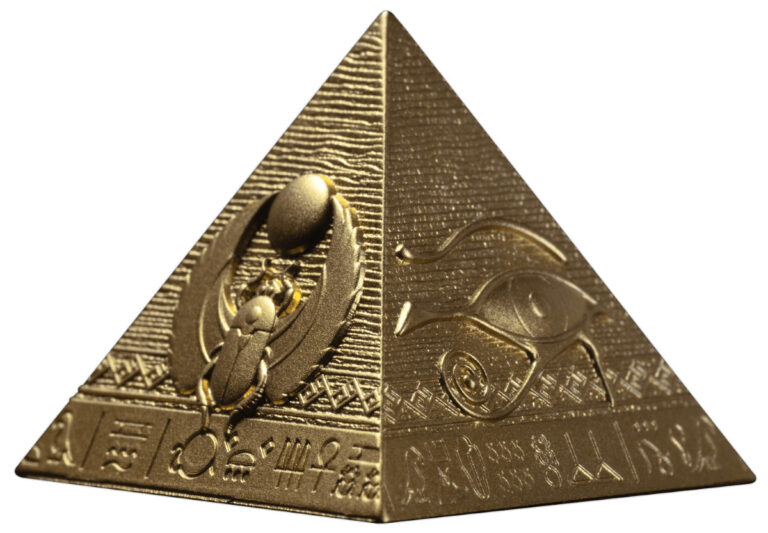 Read more about the article 2025 Djibouti Pyramids of Giza 6 oz Silver Shaped Gilded Proof-Like 3 Coin Set