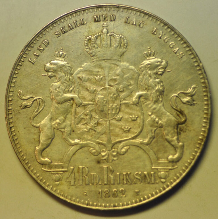 Read more about the article w27636 Sweden Silver Riksdaler Specie-4 Riksdaler Riksmynt 1862 ST Carl XV Adolf