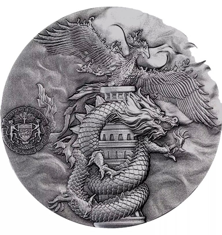 Read more about the article 2024 Gabon Double Dragon and Phoenix 1.8 oz Silver UHR Antique