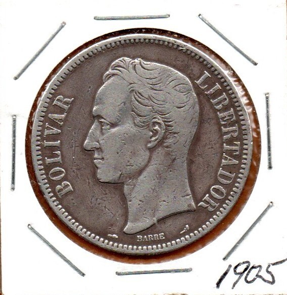 Read more about the article Venezuela Coin “Fuerte” 5 Bolivares Bs 1905 Silver .900 37.2mm 25gr. KM#24