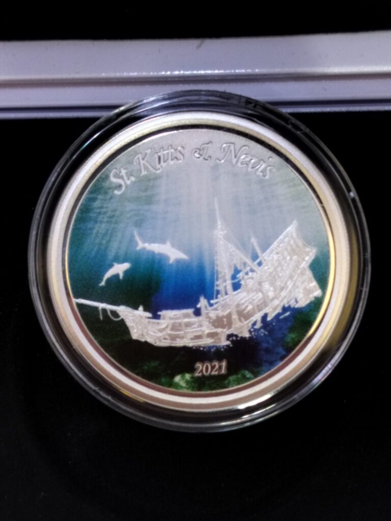 Read more about the article 2021 St. Kitts and Nevis Colored Shipwreck- 1 oz Silver coin by Scottsdale Mint