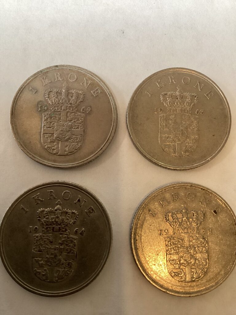 Read more about the article Lot of 4 Denmark 1 Krone Coins 1962  63  64 and 79 Queen Margaret II Free Ship