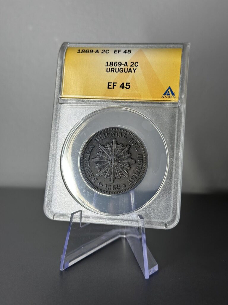 Read more about the article 1869 A URUGUAY 2 CENTESIMOS RADIANT SUN ANACS XF45 COIN