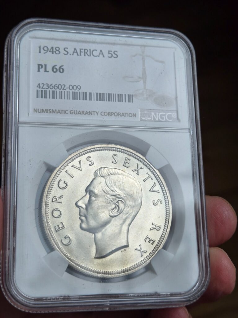 Read more about the article Prooflike  Silver 1948  South  africa  5 Shillings   NGC PL 66  “GEM”  PQ Crown