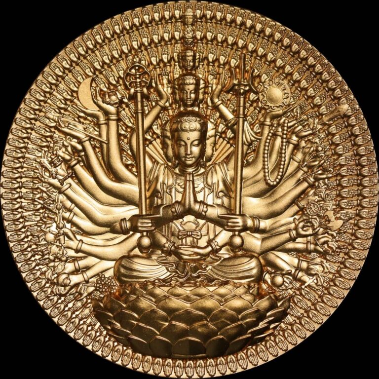 Read more about the article 2025 Gabon Thousand-Arm Thousand-Eye Guan Yin Bodhisattva Gold Gilt 2 oz Silver