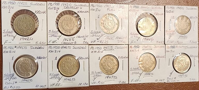 Read more about the article LOT OF 10 SWEDEN ONE KRONA COINS 1942-1949