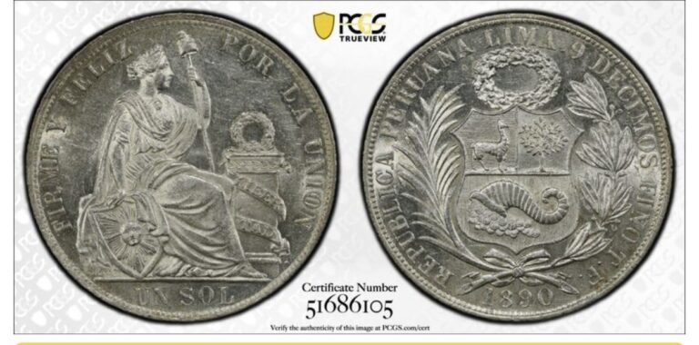 Read more about the article 1890 TF PERU1 SOL SILVER COIN PCGS MS61