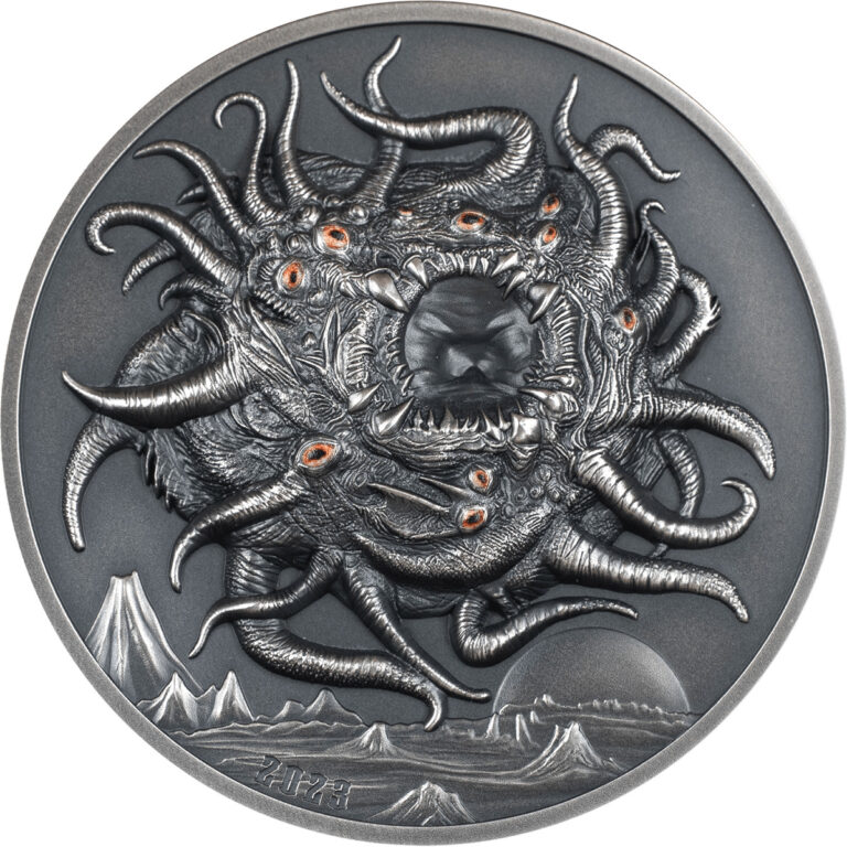 Read more about the article 2023 Palau H.P. Lovecraft Azathoth 3 oz Silver Antiqued Coin