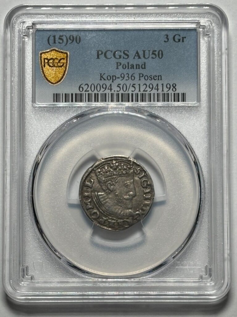 Read more about the article Zygmunt III Waza  Trojak Poznań 1590   PCGS  (AU 50)
