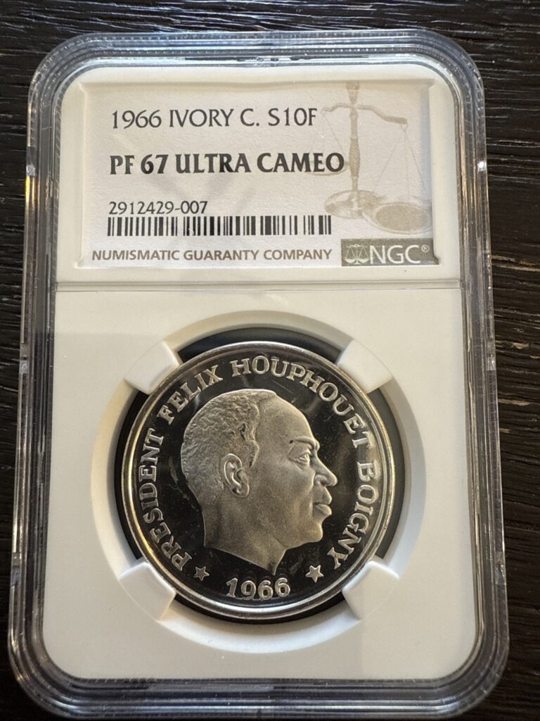 Read more about the article Ivory Coast 1966 Elephant 10 Francs Silver Proof Coin NGC PF67 Ultra Cameo