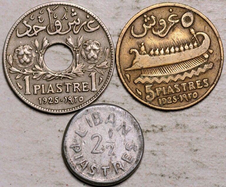 Read more about the article 1925-1941 LEBANON LOT OF THREE COINS 1  2-1/2  5 PIASTRES