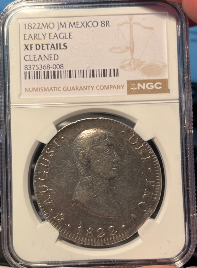 Read more about the article 1822 MO JM Mexico 8R Reales  NGC XF Details  – Early Eagle  Freshly Graded