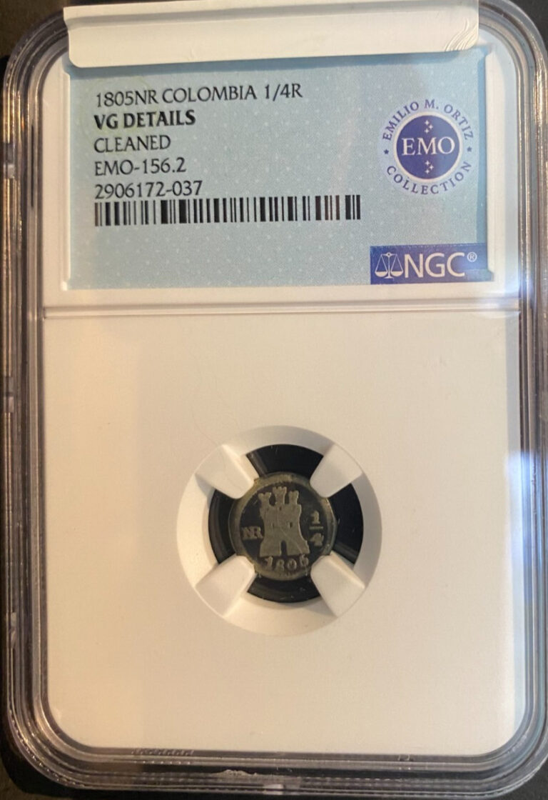 Read more about the article COLOMBIA  1805NR   1/4 Real  NGC  VG Details  EMO -156 2 Collection  cleaned