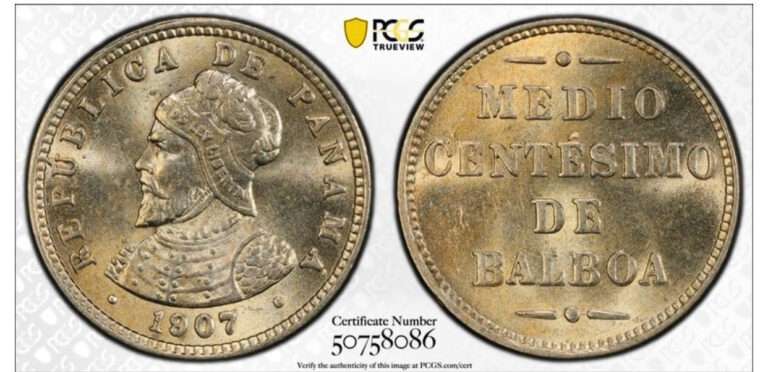 Read more about the article 1907 PANAMA HALF CENTAVOS DOUBLE DIE PCGS MS64