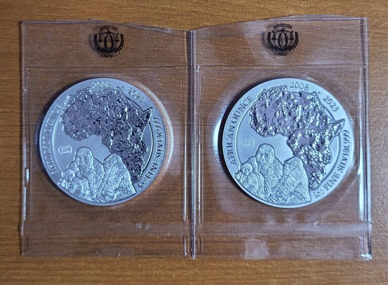 Read more about the article (1) 2008 – 2023 Rwanda African Wildlife Mountain Gorilla BU 1 Oz 999 Silver Coin