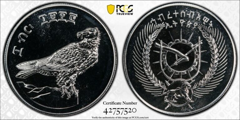 Read more about the article EE1970 (1978) 10 BIRR ETHIOPIA BEARDED VULTURE SILVER PCGS MS67#42757520 TOP POP