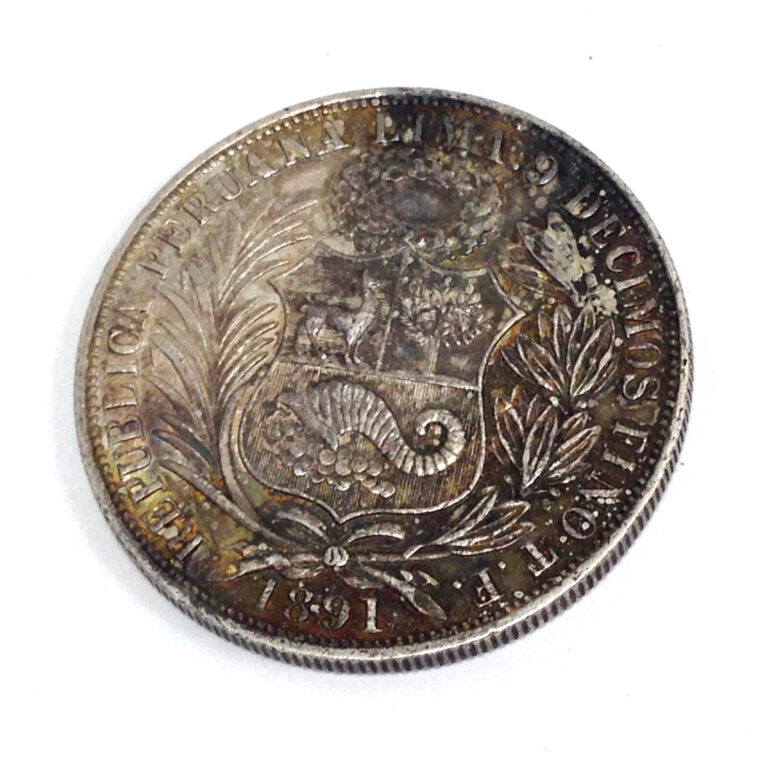 Read more about the article 1891 Republic Peru Un Sol 90% Silver Coin Type XI Tilted Shield Libertad Relief