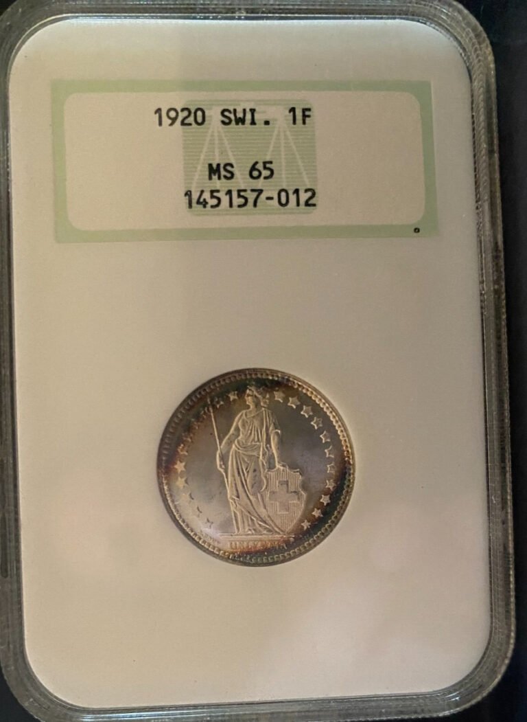 Read more about the article SWISS  1920 1FR   NGC  MS 65  Nice Patina