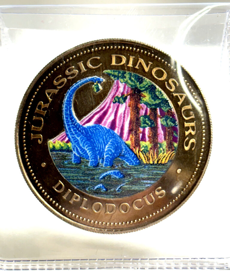 Read more about the article UNC World’s 1st Mint Colored Coin 1993 EQ GUINEA 1000 Francs DINOSAUR Diplodocus