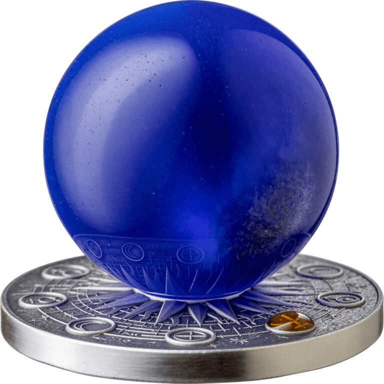 Read more about the article 2025 Ghana Solar System Neptune 2 oz Silver Antiqued Blue Cat’s Eye Spherical