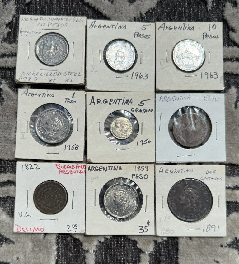 Read more about the article 1822-1966 Argentina Currency Coins (Lot of 9) Centavos Pesos Decima Lot #2000