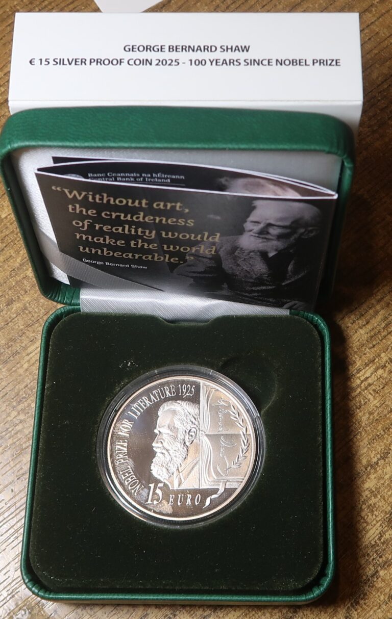 Read more about the article IRELAND 15 EURO SILVER PROOF COIN. 2025.  GEORGE BERNARD SHAW. 1856-1950.