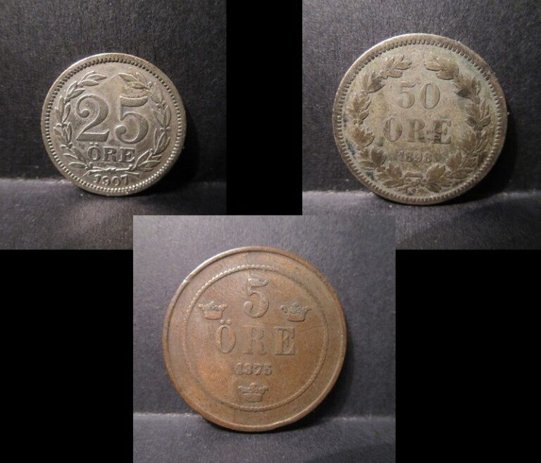 Read more about the article Lot of 3 Coins From Sweden: 1907 – 25 Öre  1898 – 50 Öre and 1875 – 5 Öre