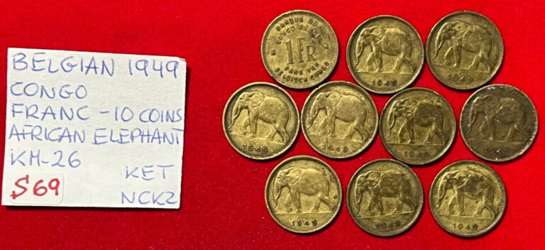 Read more about the article S69 Belgian Congo Lot of 10 Coins – Franc 1949  African Elephant   KM#26