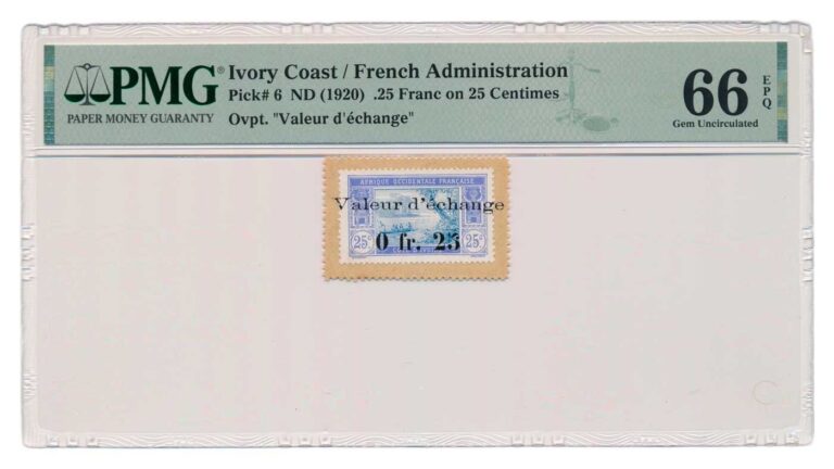 Read more about the article IVORY COAST banknote 0.25 Franc on 25 Centimes 1920 PMG MS 66 EPQ Gem Unc
